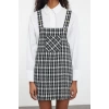 Women Fashion Stylish Mini Length Square Neck Fitted Plaid Checked Vest Woven Dress