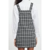 Women Fashion Stylish Mini Length Square Neck Fitted Plaid Checked Vest Woven Dress