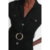 Kadın Moda Şık Mini Boy Ceket Yaka Regular Düz Kemerli Ceket Düğme Detaylı Dokuma Elbise