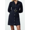 Kadın Moda Şık Mini Boy Ceket Yaka Regular Düz Kemerli Ceket Düğme Detaylı Dokuma Elbise