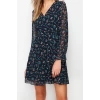 Women Fashion Stylish Mini Length Double Breasted Regular Floral Patterned Belted Lined Chiffon Woven Dress