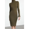 Kadın Moda Şık Mini Boy Balıkçı Yaka Slim Triko Kolları Volanlı Elbise