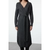 Women Fashion Stylish Midi Length Double Breasted Soft Texture Knitwear Collar Tie Dress
