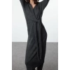 Women Fashion Stylish Midi Length Double Breasted Soft Texture Knitwear Collar Tie Dress