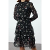 Kadın Moda Şık Midi Boy Bisiklet Yaka Regular Çiçekli Skater Fırfır Dokuma Kışlık Elbise