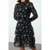 Kadın Moda Şık Midi Boy Bisiklet Yaka Regular Çiçekli Skater Fırfır Dokuma Kışlık Elbise