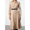 Women Fashion Stylish Midi Length Shirt Collar Regular Plain Belted Woven Shirt Dress Woven Dress
