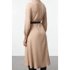 Women Fashion Stylish Midi Length Shirt Collar Regular Plain Belted Woven Shirt Dress Woven Dress