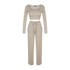 Womens Fashion Stylish Wide Leg Long Length Long Sleeve Soft Crop and Wide Leg Knitted Bottom Top Set