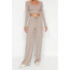 Womens Fashion Stylish Wide Leg Long Length Long Sleeve Soft Crop and Wide Leg Knitted Bottom Top Set