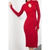 Women Fashion Stylish Midi Length Stand Collar Slim Knitwear Window Cut Out Dress