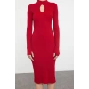 Women Fashion Stylish Midi Length Stand Collar Slim Knitwear Window Cut Out Dress