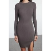 Kadın Moda Şık Mini Boy Bisiklet Yaka Slim Triko Yırtmaçlı Vücuda Oturan Elbise