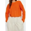 Women Fashion Stylish Crew Neck Low Sleeve Crop Wide Fit Knitwear Sweater