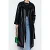 Women Fashion Stylish Oversize Jacket Collar Long Plain Lined Oversize Wide Cut Belted Faux Leather Trench Coat