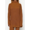 Women Fashion Stylish Regular Length Long Sleeve Ribbed Trousers Slit Detailed Knitwear Bottom-Top Set