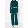 Women Fashion Stylish Regular Length Long Sleeve Crop Ribbed Finger Detailed Knitwear Top-Bottom Set