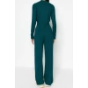Women Fashion Stylish Regular Length Long Sleeve Crop Ribbed Finger Detailed Knitwear Top-Bottom Set