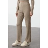 Women Fashion Stylish Regular Length Long Sleeve Crop Ribbed Finger Detailed Knitwear Top-Bottom Set