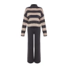 Womens Fashion Stylish Straight Leg Regular Length Long Sleeve Wide Cut Striped Knitwear Top-Bottom Set