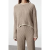Women Fashion Stylish Straight Leg Crop Length Long Sleeve Crop Ribbed Color Block Knitwear Bottom-Top Set