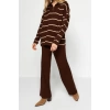 Womens Fashion Stylish Regular Length Long Sleeve Wide Cut Zippered Knitwear Top-Bottom Set