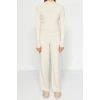 Womens Fashion Stylish Tube Leg Crop Length Long Sleeve Crop Finger Detailed Knitwear Top-Bottom Set