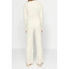 Womens Fashion Stylish Tube Leg Crop Length Long Sleeve Crop Finger Detailed Knitwear Top-Bottom Set