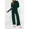Womens Fashion Stylish Tube Leg Crop Length Long Sleeve Crop Finger Detailed Knitwear Top-Bottom Set