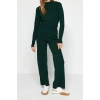 Womens Fashion Stylish Tube Leg Crop Length Long Sleeve Crop Finger Detailed Knitwear Top-Bottom Set
