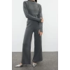 Womens Fashion Stylish Tube Leg Crop Length Long Sleeve Crop Finger Detailed Knitwear Top-Bottom Set