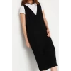 Kadın Moda Şık Maxi Boy V Yaka Regular Siyah Triko Jile Elbise