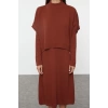 Kadın Moda Şık Midi Boy Dik Yaka Oversize Geniş Kalıp Triko Süveterli Elbise