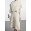 Kadın Moda Şık Midi Boy Dik Yaka Oversize Geniş Kalıp Triko Süveterli Elbise