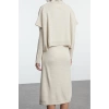 Kadın Moda Şık Midi Boy Dik Yaka Oversize Geniş Kalıp Triko Süveterli Elbise