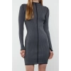 Women Fashion Stylish Mini Length Stand Collar Slim Brown Knitwear Contrast Color Dress