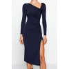Women Fashion Stylish Midi Length Asymmetrical Neck Slim Slit Knitted Dress