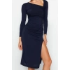 Women Fashion Stylish Midi Length Asymmetrical Neck Slim Slit Knitted Dress