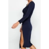 Women Fashion Stylish Midi Length Asymmetrical Neck Slim Slit Knitted Dress