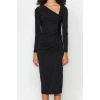 Women Fashion Stylish Midi Length Asymmetrical Neck Slim Slit Knitted Dress