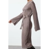 Womens Fashion Midi Length Boat Neck Regular Premium Pleated Fabric Flare Sleeve Detail A-Line Knitted Dress