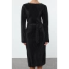 Womens Fashion Midi Length Boat Neck Regular Premium Pleated Fabric Flare Sleeve Detail A-Line Knitted Dress