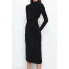 Kadın Moda Şık Midi Boy Dik Yaka Slim Düz Drape Detaylı A-Line Esnek Örme Örme Elbise