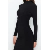 Kadın Moda Şık Midi Boy Dik Yaka Slim Düz Drape Detaylı A-Line Esnek Örme Örme Elbise