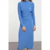 Kadın Moda Şık Midi Boy Dik Yaka Slim Düz Drape Detaylı A-Line Esnek Örme Örme Elbise