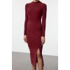 Kadın Moda Midi Boy Dik Yaka Slim Düz Drape Detaylı Yırtmaçlı Fitted Vücuda Oturan Esnek Örme Elbise