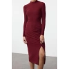 Kadın Moda Midi Boy Dik Yaka Slim Düz Drape Detaylı Yırtmaçlı Fitted Vücuda Oturan Esnek Örme Elbise