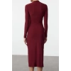 Kadın Moda Midi Boy Dik Yaka Slim Düz Drape Detaylı Yırtmaçlı Fitted Vücuda Oturan Esnek Örme Elbise