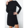 Kadın Moda Şık Mini Boy Kayık Yaka Slim Premium Dokulu Krep Drape Detaylı Örme Elbise