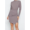 Kadın Moda Şık Mini Boy Kayık Yaka Slim Premium Dokulu Krep Drape Detaylı Örme Elbise